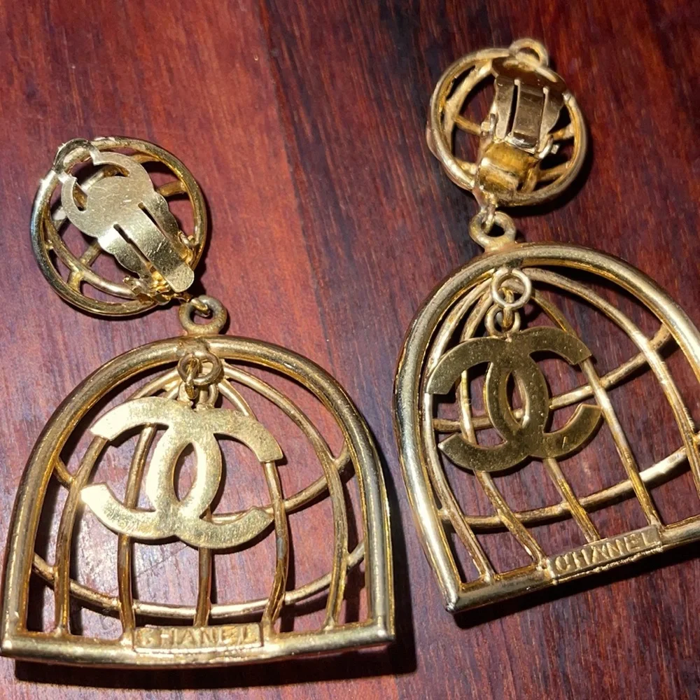 Chanel Large Birdcage 1990’s Gold Earrings with Box CC Vintage Iconic